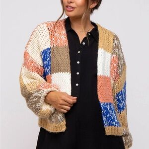 Polagram Women Multicolor Colorblock Chunky Knit Open Front Cardigan Sweater M